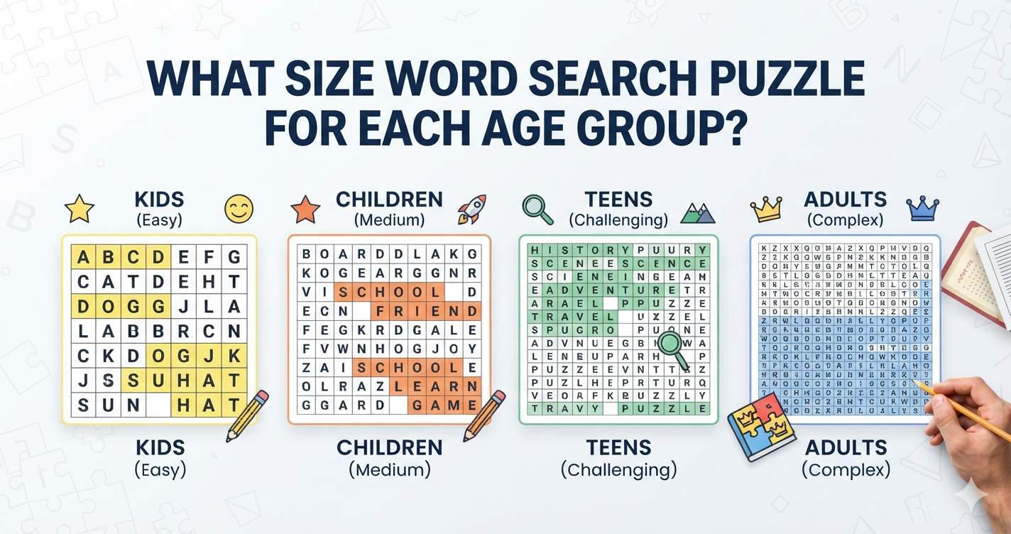 Featured illustration for What size word search puzzle for each age group